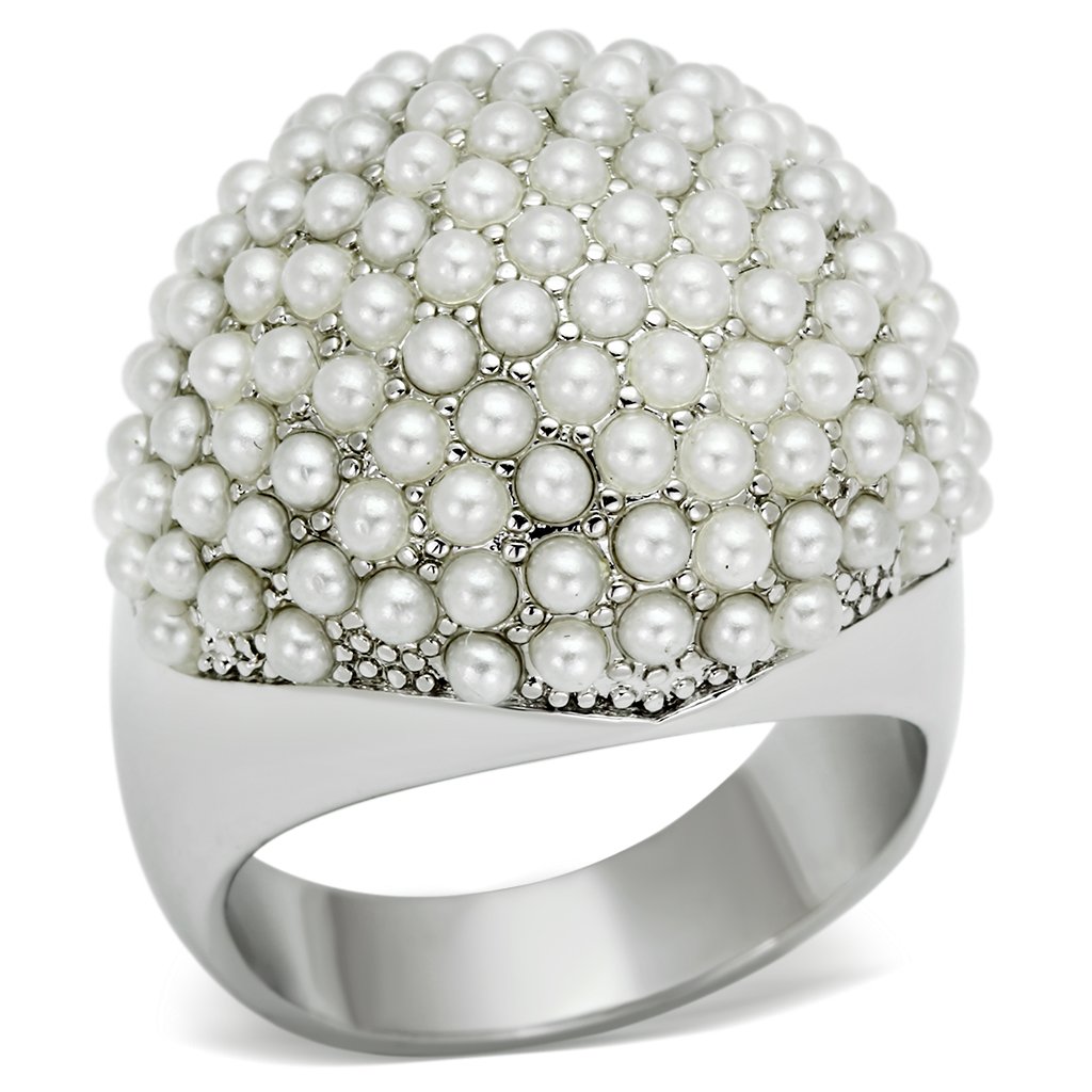 LO2433 Rhodium Brass Ring featuring a synthetic white pearl, showcasing its elegant design and luxurious finish.