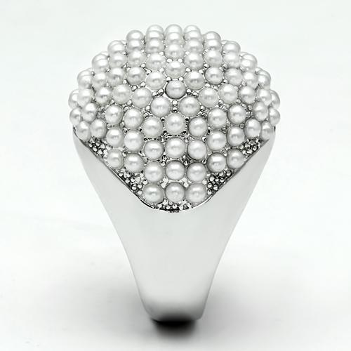 LO2433 Rhodium Brass Ring featuring a synthetic white pearl, showcasing its elegant design and luxurious finish.