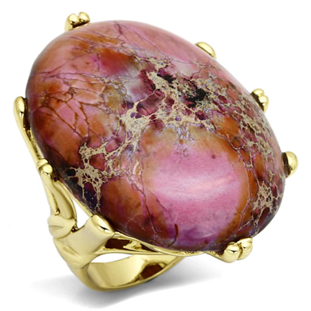 LO2432 Gold Brass Ring featuring a synthetic jade stone in light amethyst, showcasing its elegant design and luxurious finish.