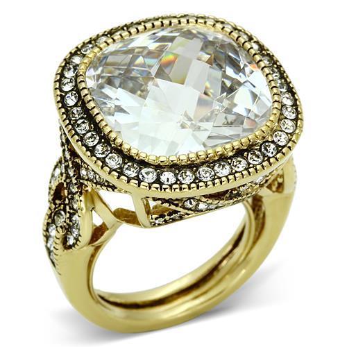 LO2436 Gold Brass Ring featuring a clear AAA Grade CZ stone, showcasing its elegant design and luxurious gold finish.