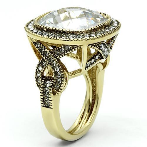 LO2436 Gold Brass Ring featuring a clear AAA Grade CZ stone, showcasing its elegant design and luxurious gold finish.