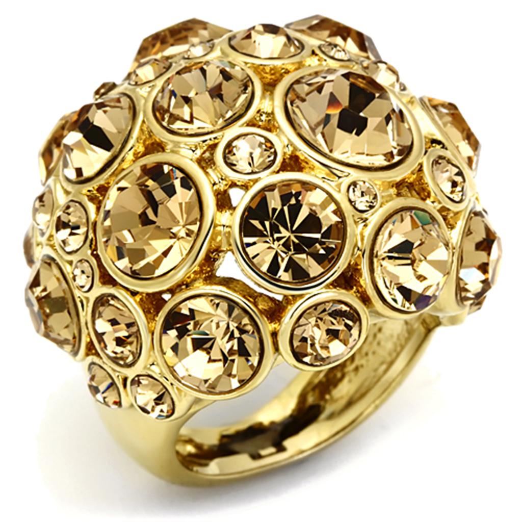 LO2463 Gold Brass Ring featuring a light smoked top grade crystal, showcasing its elegant design and luxurious finish.