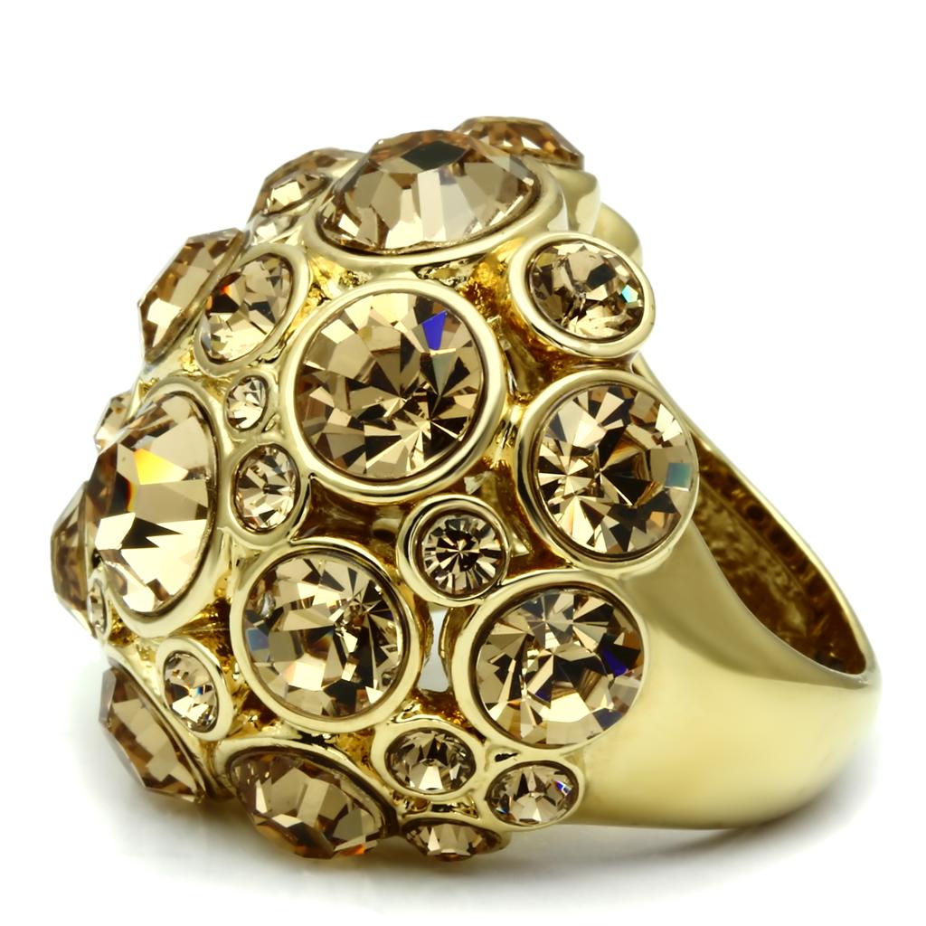 LO2463 Gold Brass Ring featuring a light smoked top grade crystal, showcasing its elegant design and luxurious finish.