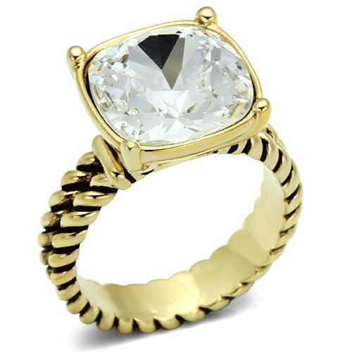 LO2447 Gold Brass Ring featuring a clear AAA Grade CZ stone, elegantly designed for sophistication and style.