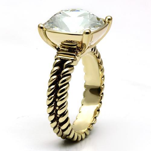 LO2447 Gold Brass Ring featuring a clear AAA Grade CZ stone, elegantly designed for sophistication and style.