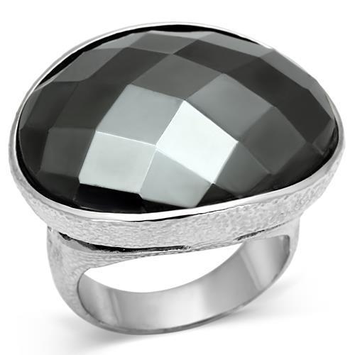 LO2470 Rhodium Brass Ring featuring a synthetic hematite stone, showcasing its elegant design and shiny finish.