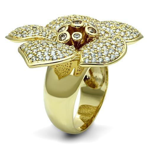 LO2484 Gold Brass Ring featuring AAA Grade CZ in Champagne, showcasing its elegant design and sparkling center stone.