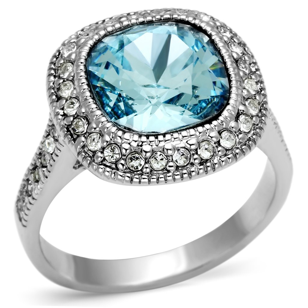 LO2506 Rhodium Brass Ring featuring a stunning sea blue top-grade crystal, elegantly designed for any occasion.