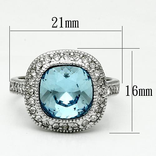 LO2506 Rhodium Brass Ring featuring a stunning sea blue top-grade crystal, elegantly designed for any occasion.