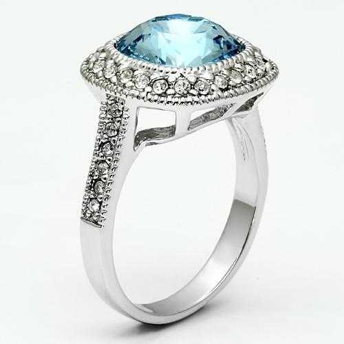 LO2506 Rhodium Brass Ring featuring a stunning sea blue top-grade crystal, elegantly designed for any occasion.