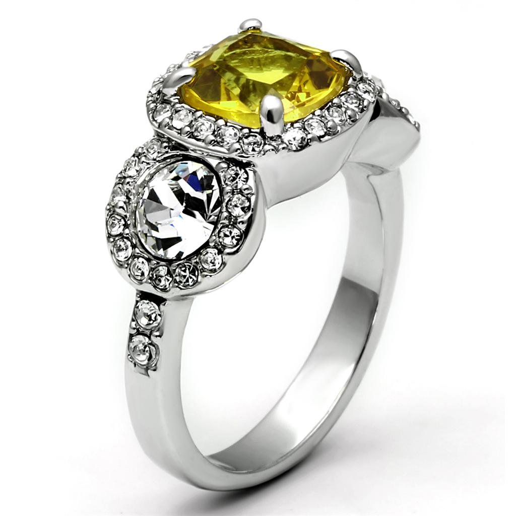 LO2517 Rhodium Brass Ring featuring a vibrant synthetic glass topaz stone, elegantly designed with a shiny finish.