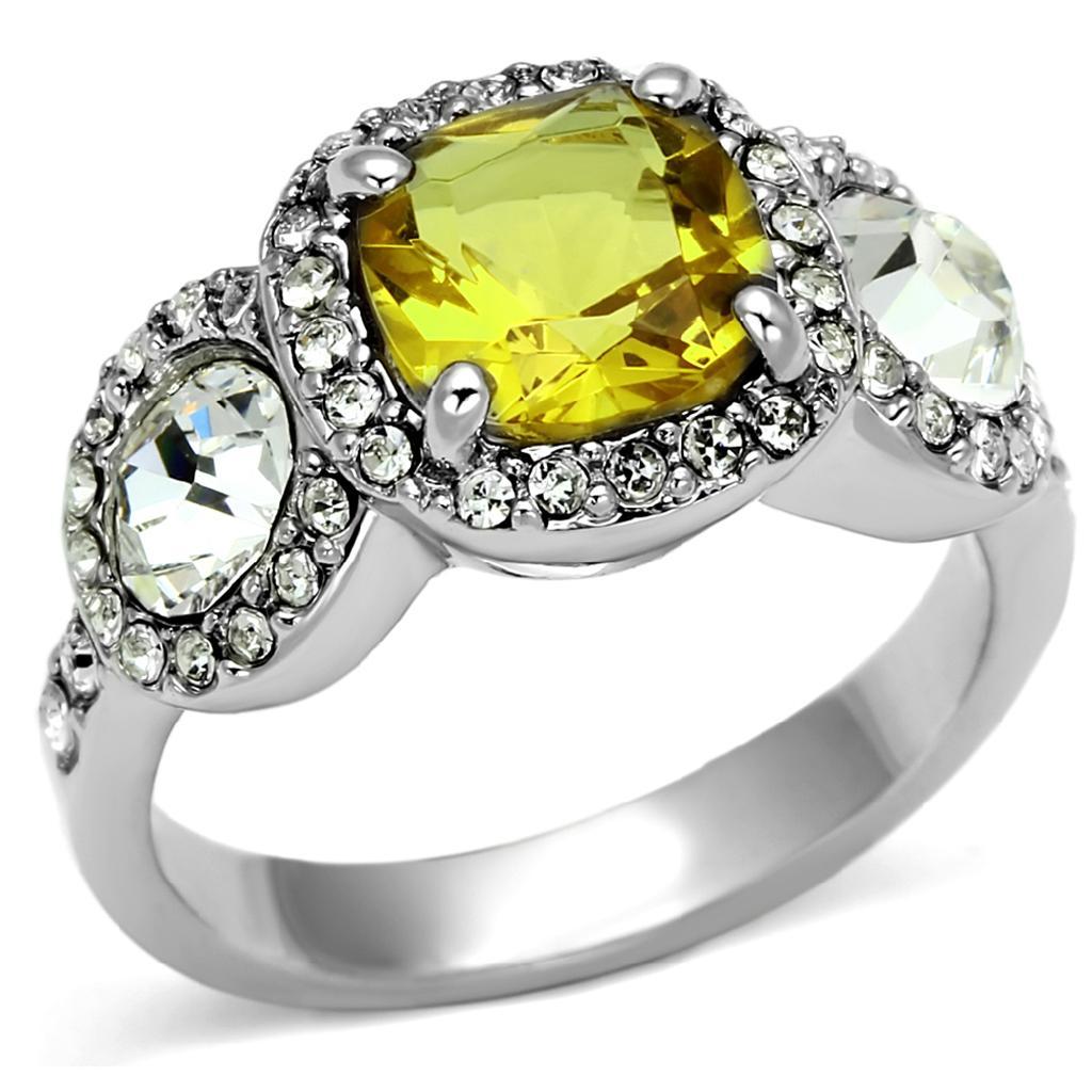 LO2517 Rhodium Brass Ring featuring a vibrant synthetic glass topaz stone, elegantly designed with a shiny finish.