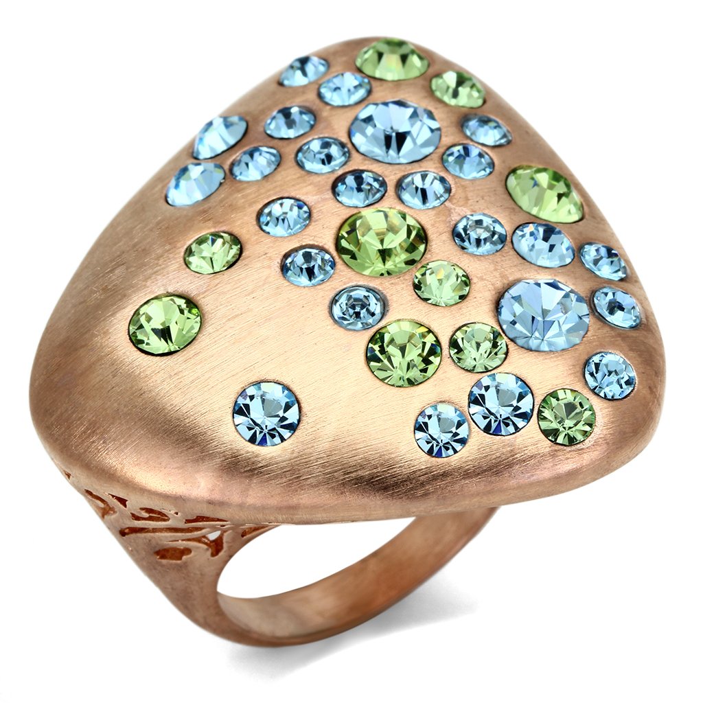 A beautiful rose gold brass ring featuring a multi-color top grade crystal, elegantly designed for any occasion.