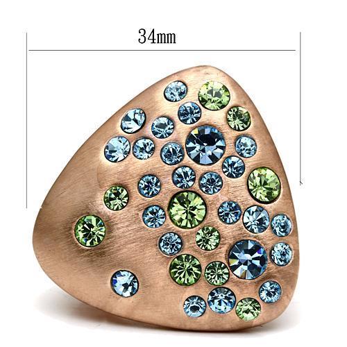 A beautiful rose gold brass ring featuring a multi-color top grade crystal, elegantly designed for any occasion.