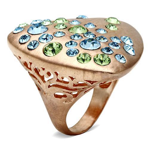 A beautiful rose gold brass ring featuring a multi-color top grade crystal, elegantly designed for any occasion.