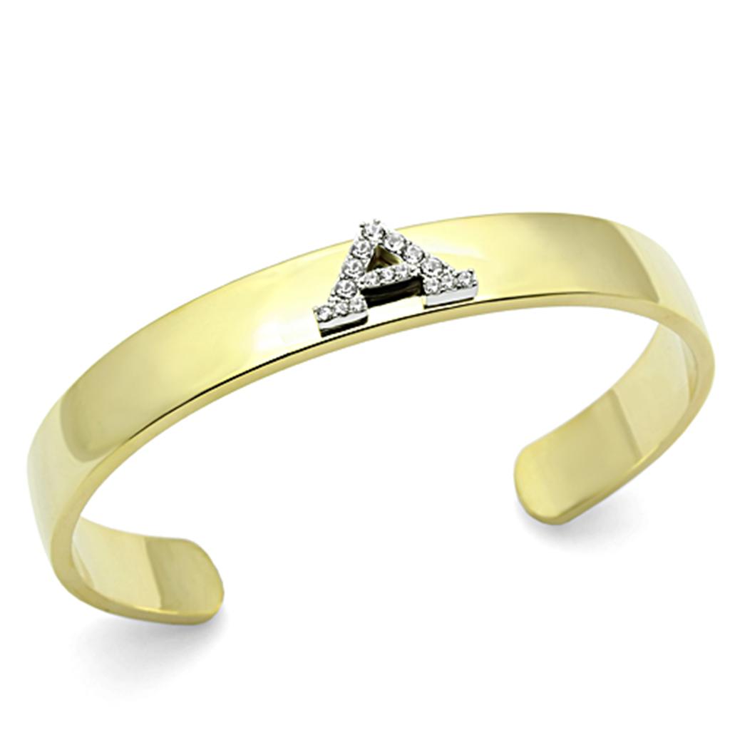 LO2570 Gold and Rhodium White Metal Bangle featuring a clear top-grade crystal, showcasing elegance and sophistication.