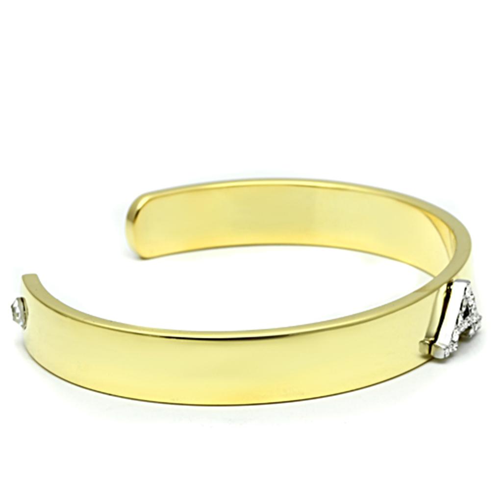 LO2570 Gold and Rhodium White Metal Bangle featuring a clear top-grade crystal, showcasing elegance and sophistication.