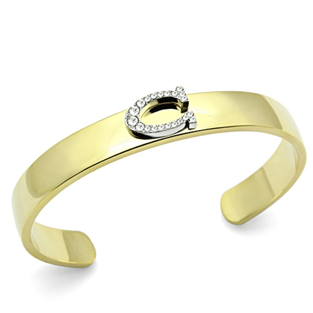 LO2572 Gold and Rhodium White Metal Bangle featuring a clear top-grade crystal, elegantly designed for any occasion.