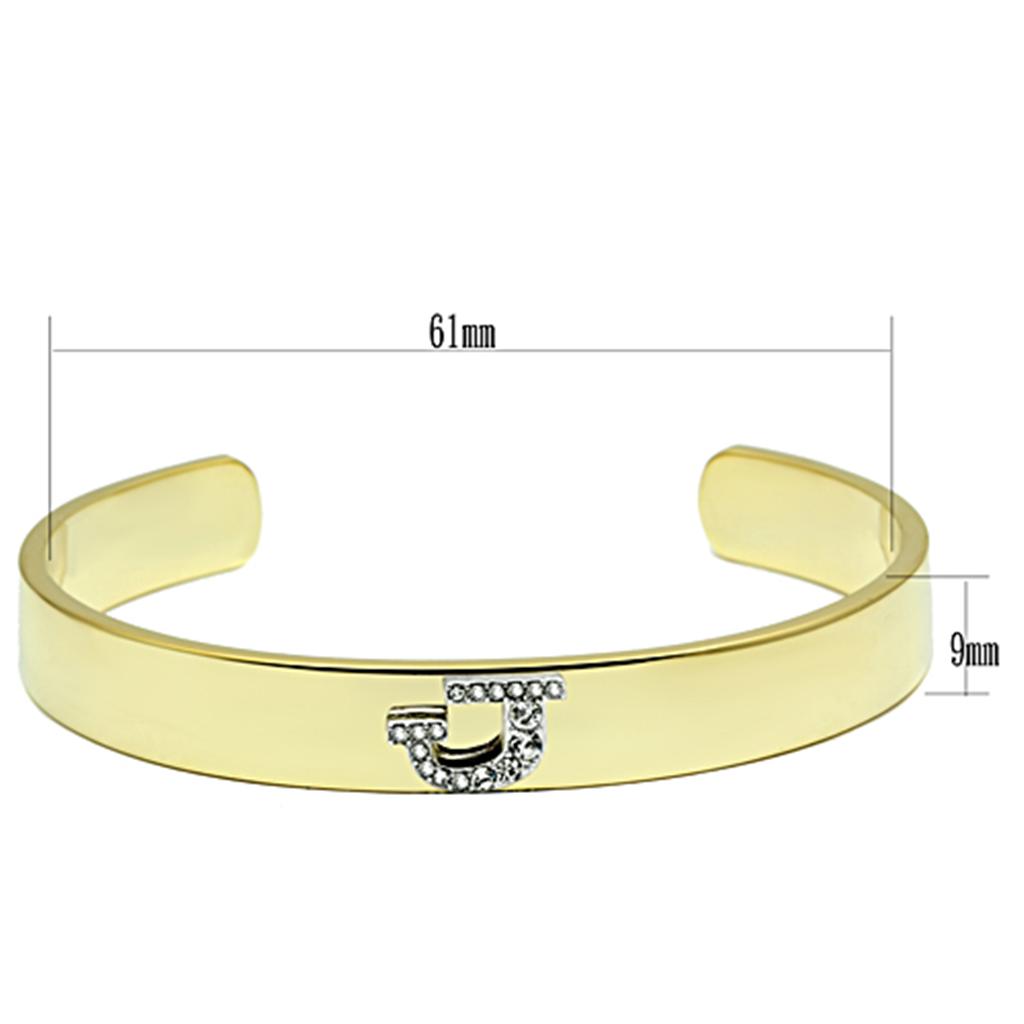 LO2579 Gold and Rhodium White Metal Bangle featuring a clear top-grade crystal centerpiece, showcasing elegance and sophistication.