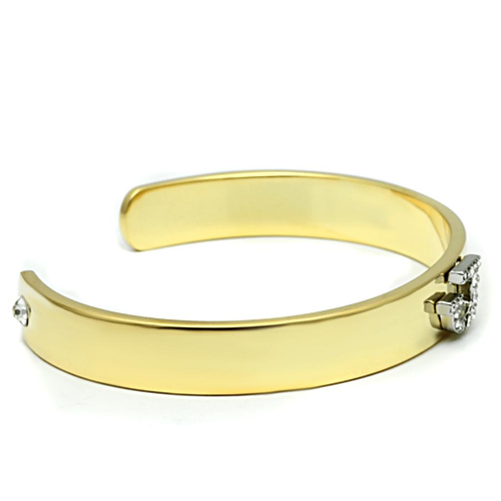 LO2579 Gold and Rhodium White Metal Bangle featuring a clear top-grade crystal centerpiece, showcasing elegance and sophistication.