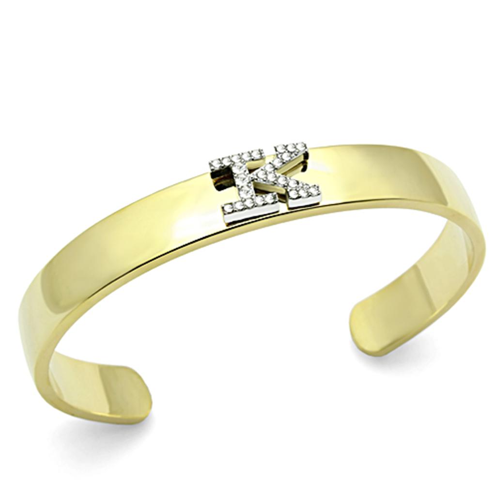 LO2580 Gold and Rhodium White Metal Bangle featuring a clear top-grade crystal, showcasing elegance and sophistication.