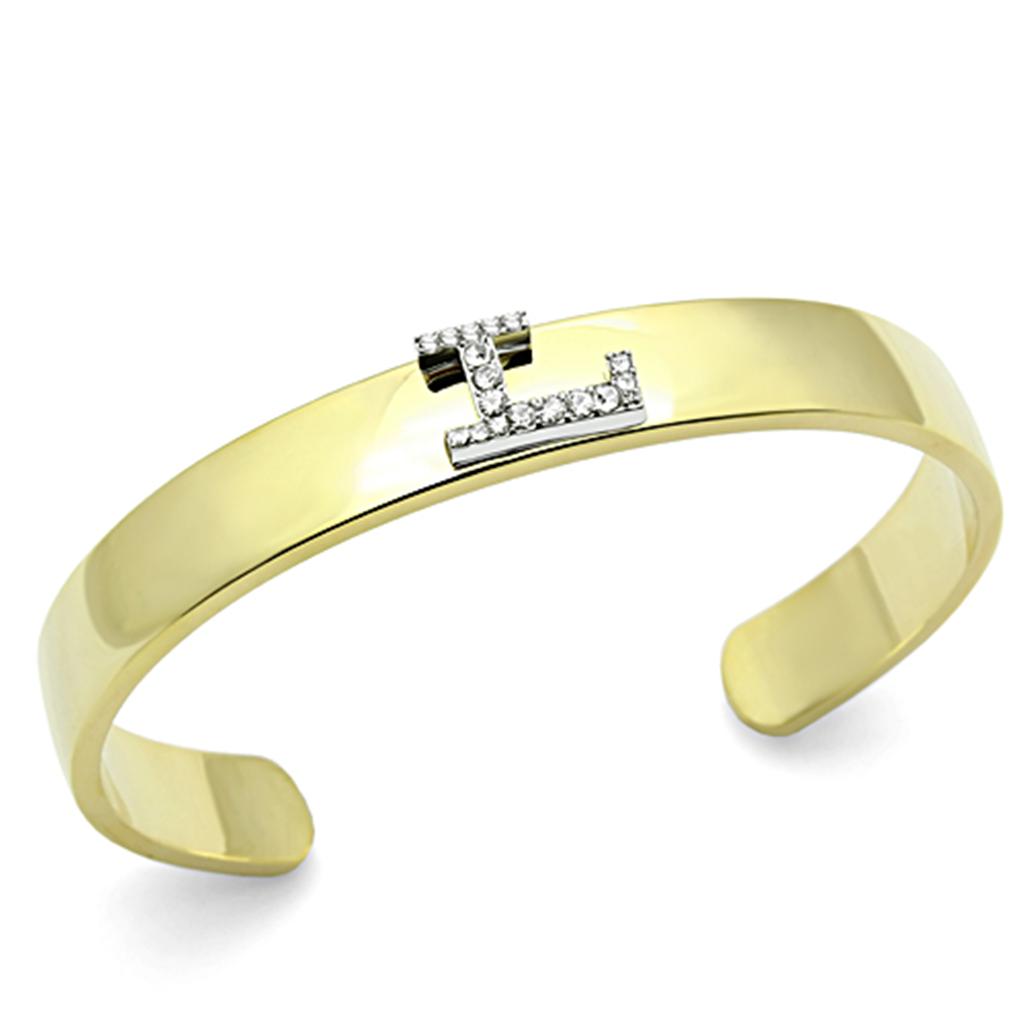 LO2581 Gold and Rhodium White Metal Bangle featuring a clear top grade crystal, showcasing elegance and sophistication.