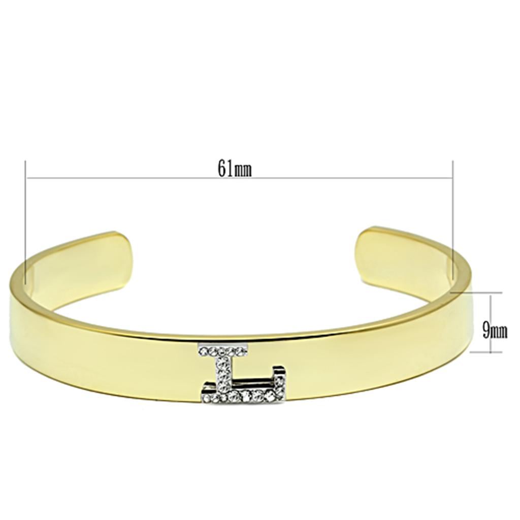 LO2581 Gold and Rhodium White Metal Bangle featuring a clear top grade crystal, showcasing elegance and sophistication.