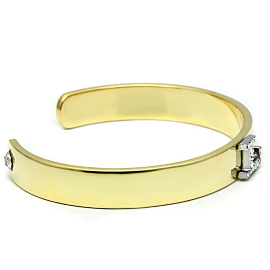 LO2581 Gold and Rhodium White Metal Bangle featuring a clear top grade crystal, showcasing elegance and sophistication.