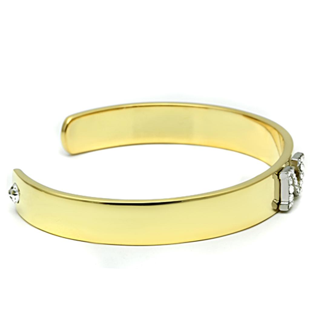 LO2583 Gold and Rhodium White Metal Bangle featuring a clear top grade crystal, showcasing elegance and sophistication.