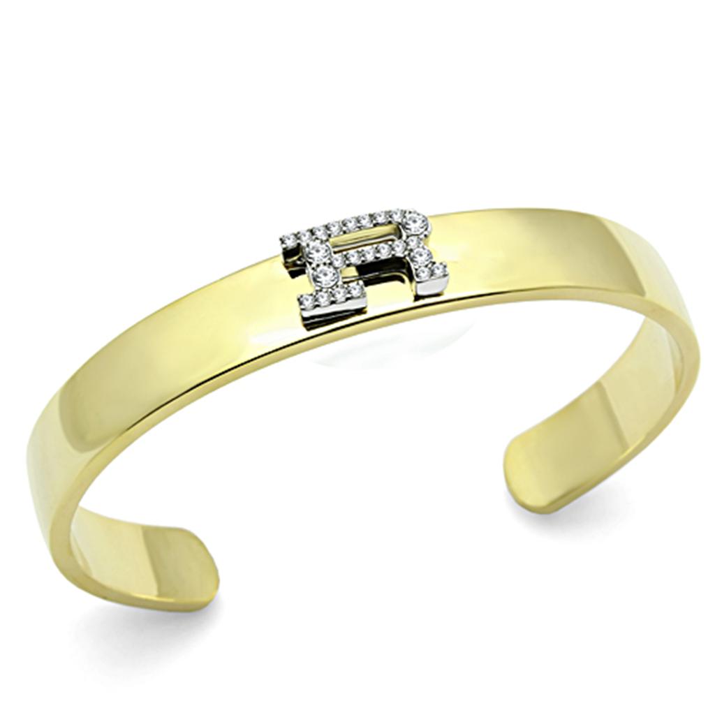 LO2587 Gold and Rhodium White Metal Bangle featuring a clear top-grade crystal, showcasing elegance and craftsmanship.