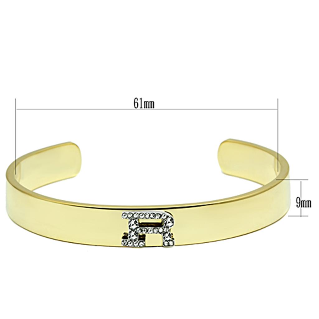 LO2587 Gold and Rhodium White Metal Bangle featuring a clear top-grade crystal, showcasing elegance and craftsmanship.