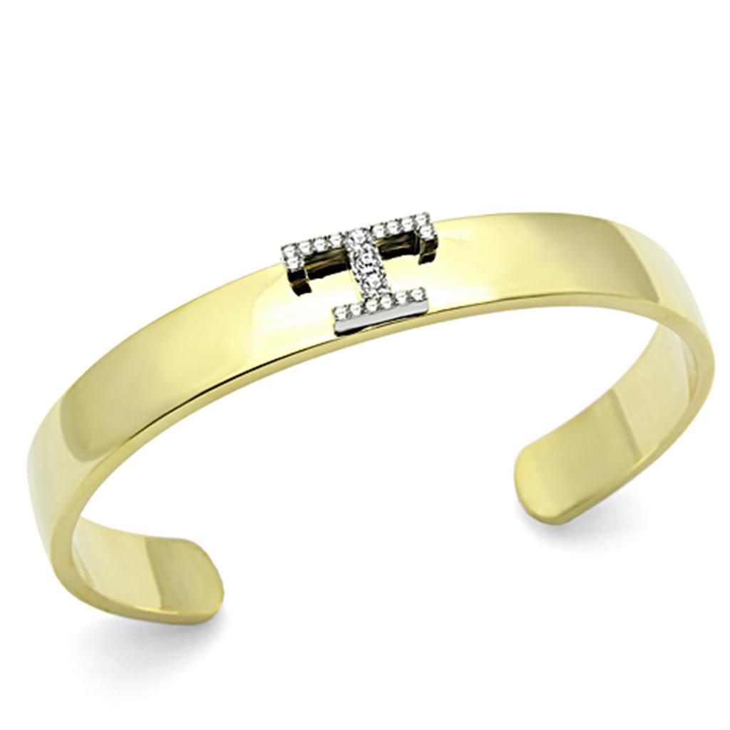 LO2589 Gold and Rhodium White Metal Bangle featuring a clear top grade crystal, showcasing elegance and sophistication.