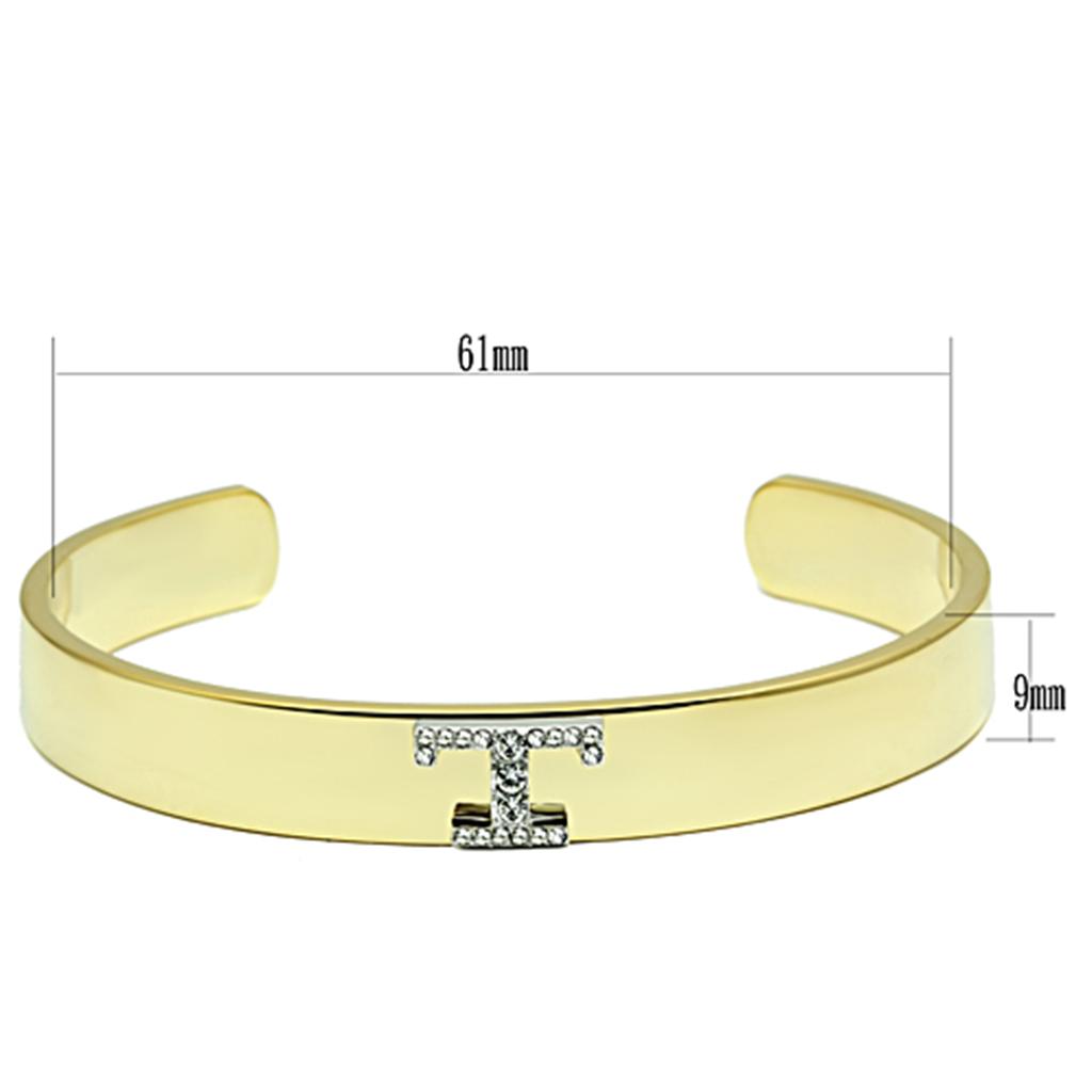 LO2589 Gold and Rhodium White Metal Bangle featuring a clear top grade crystal, showcasing elegance and sophistication.