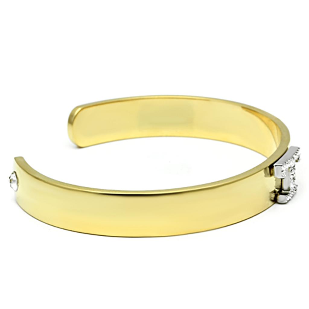 LO2589 Gold and Rhodium White Metal Bangle featuring a clear top grade crystal, showcasing elegance and sophistication.