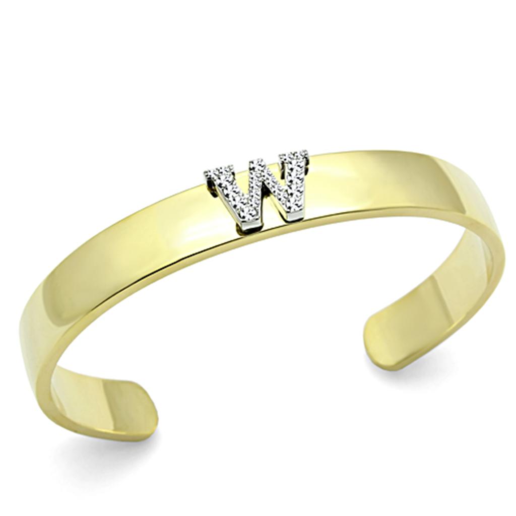 LO2592 Gold and Rhodium White Metal Bangle featuring a clear top grade crystal, showcasing elegance and sophistication.