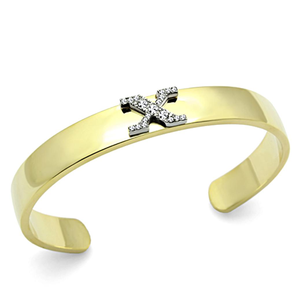 LO2593 Gold and Rhodium White Metal Bangle featuring a clear top-grade crystal, showcasing elegance and sophistication.