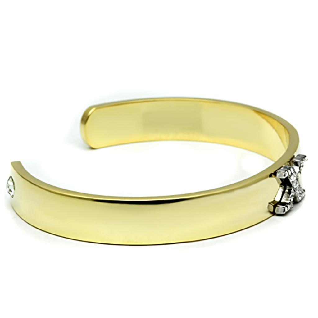 LO2593 Gold and Rhodium White Metal Bangle featuring a clear top-grade crystal, showcasing elegance and sophistication.