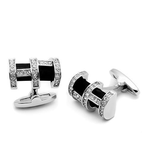 LO2629 Rhodium Brass Cufflink featuring a clear top grade crystal, showcasing its elegant design and luxurious finish.