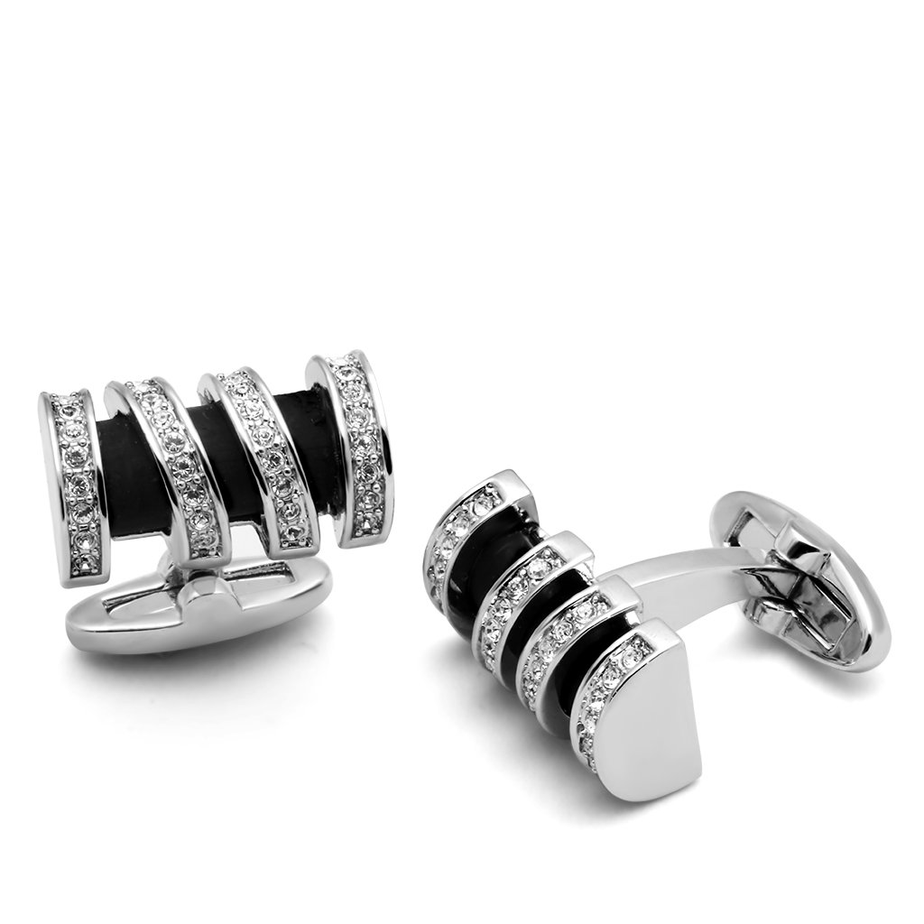 LO2633 Rhodium Brass Cufflink featuring a clear top grade crystal, showcasing elegance and sophistication.