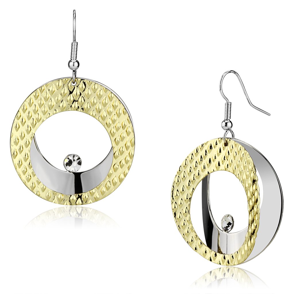 LO2672 Gold and Rhodium Iron Earrings featuring clear top-grade crystals, elegantly designed for a sophisticated look.