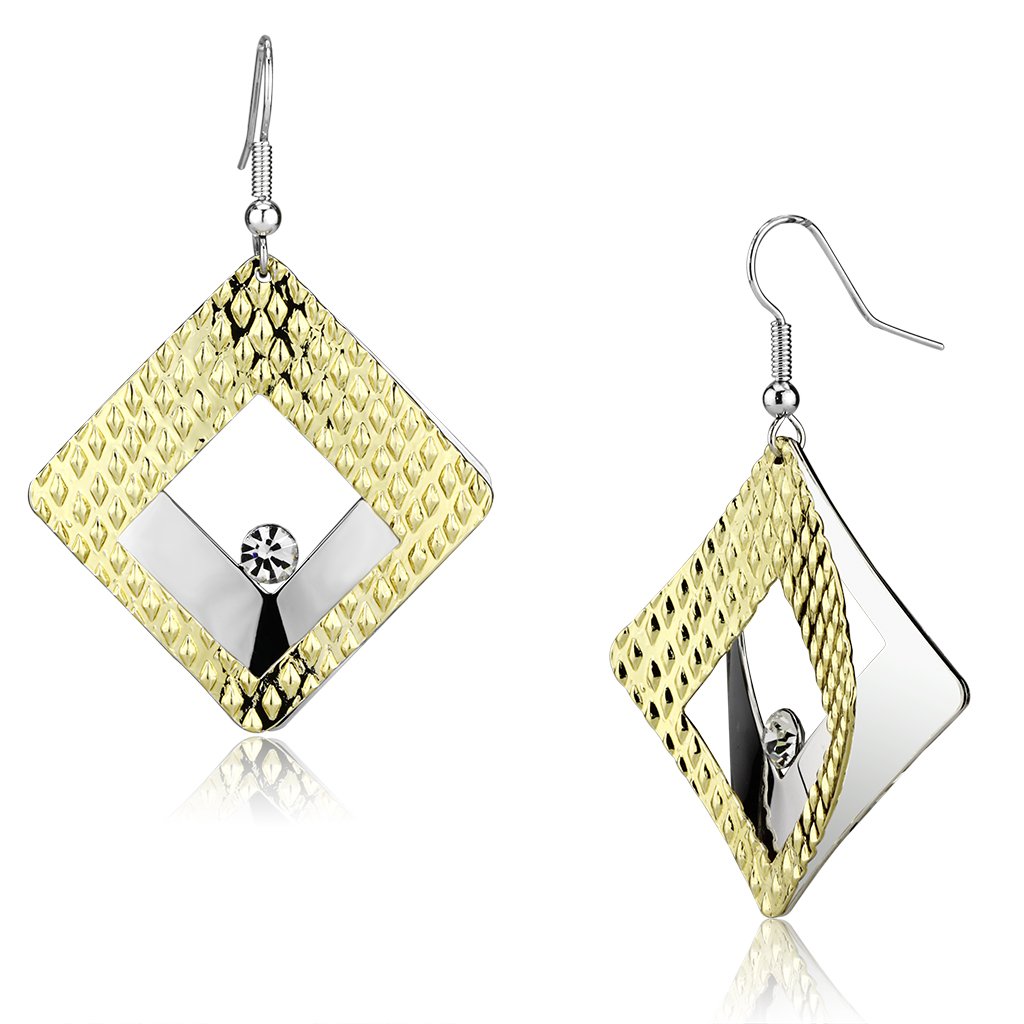 Elegant Gold and Rhodium Iron Earrings featuring a clear top-grade crystal centerpiece, showcasing a luxurious design.