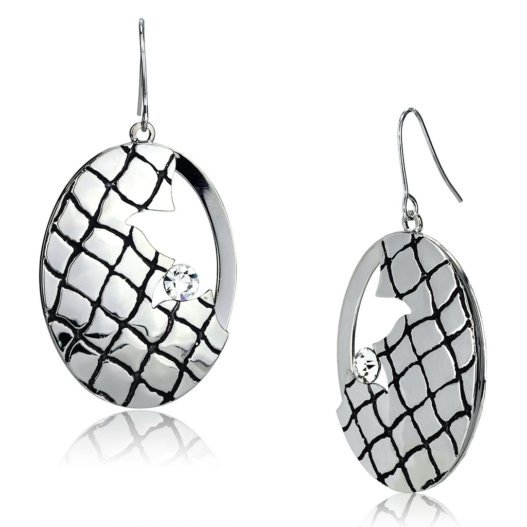 LO2690 Rhodium Iron Earrings featuring clear top-grade crystals, showcasing elegance and sophistication.