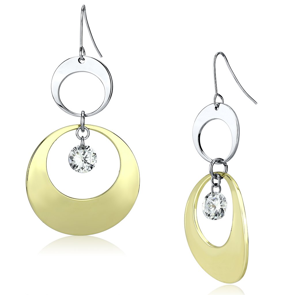 Elegant Gold and Rhodium Iron Earrings featuring AAA Grade Clear CZ stone, showcasing a luxurious design.