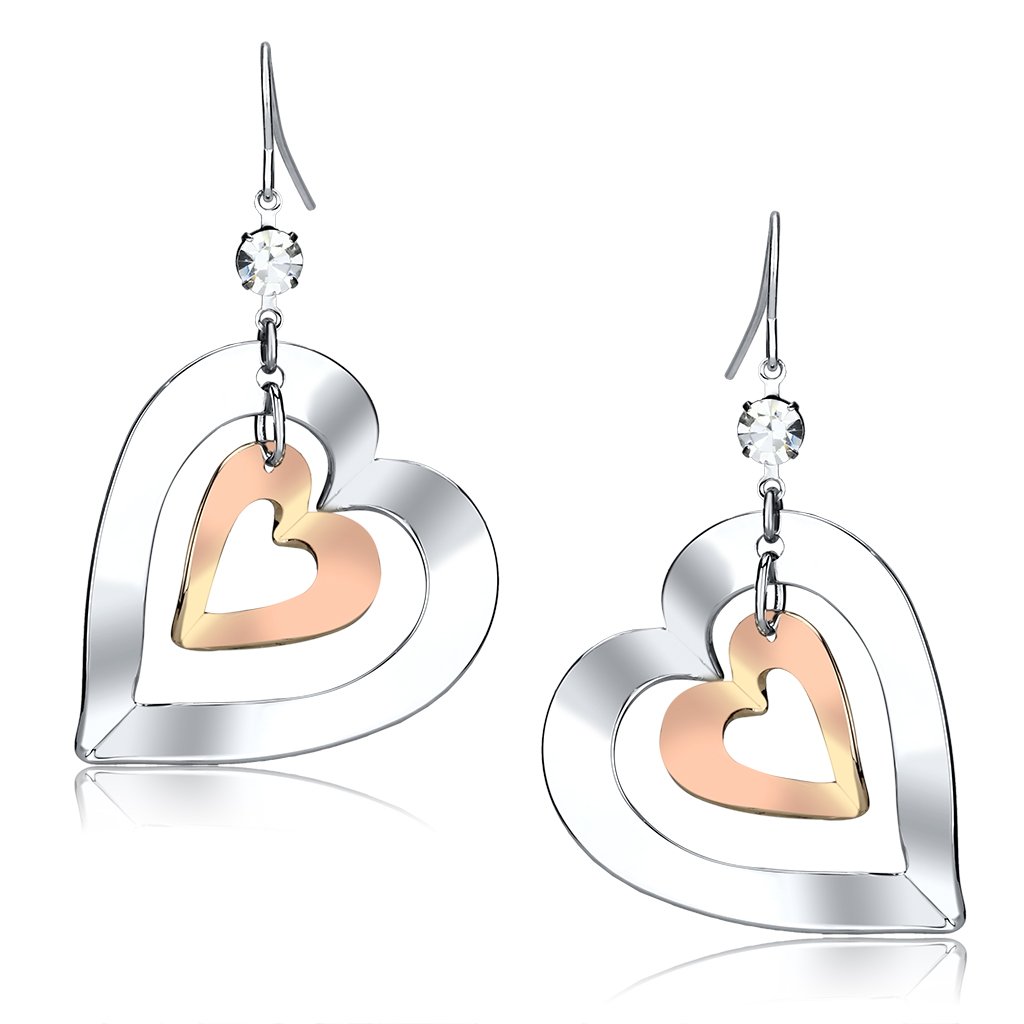 Elegant LO2695 Rose Gold and Rhodium Iron Earrings featuring a sparkling clear top-grade crystal centerpiece, perfect for any occasion.