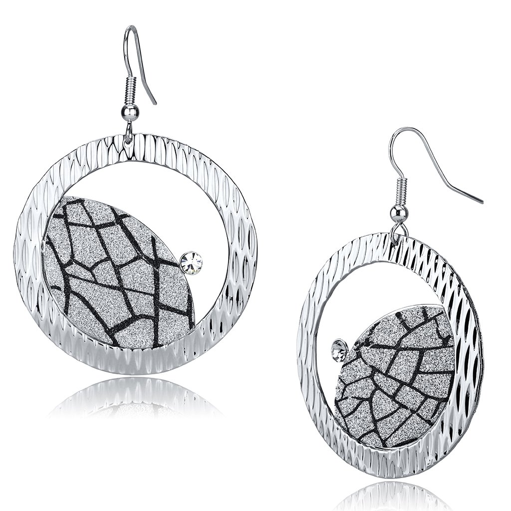 LO2725 Rhodium Iron Earrings featuring clear top-grade crystals, showcasing a modern design with a shiny finish.