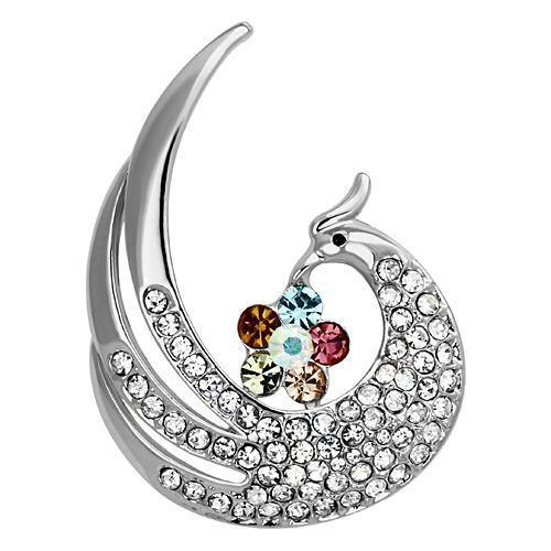 LO2773 Imitation Rhodium White Metal Brooch featuring multi-color top-grade crystals, elegantly designed for versatile styling.