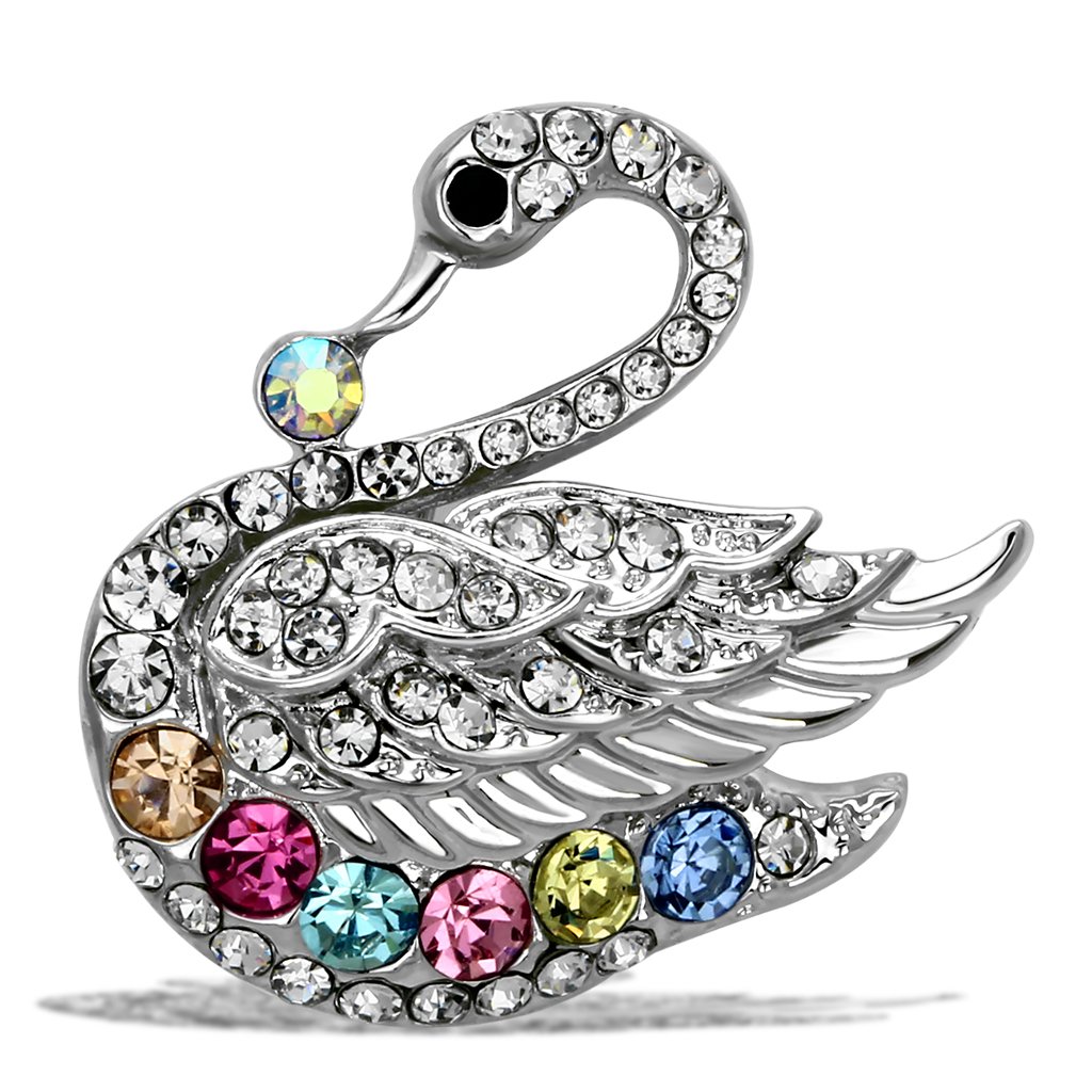 LO2788 Imitation Rhodium Brooch featuring multi-color top grade crystal, elegantly designed in white metal.