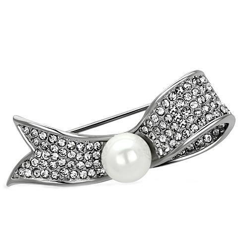 LO2799 Imitation Rhodium White Metal Brooch featuring a synthetic pearl centerpiece, showcasing elegance and sophistication.