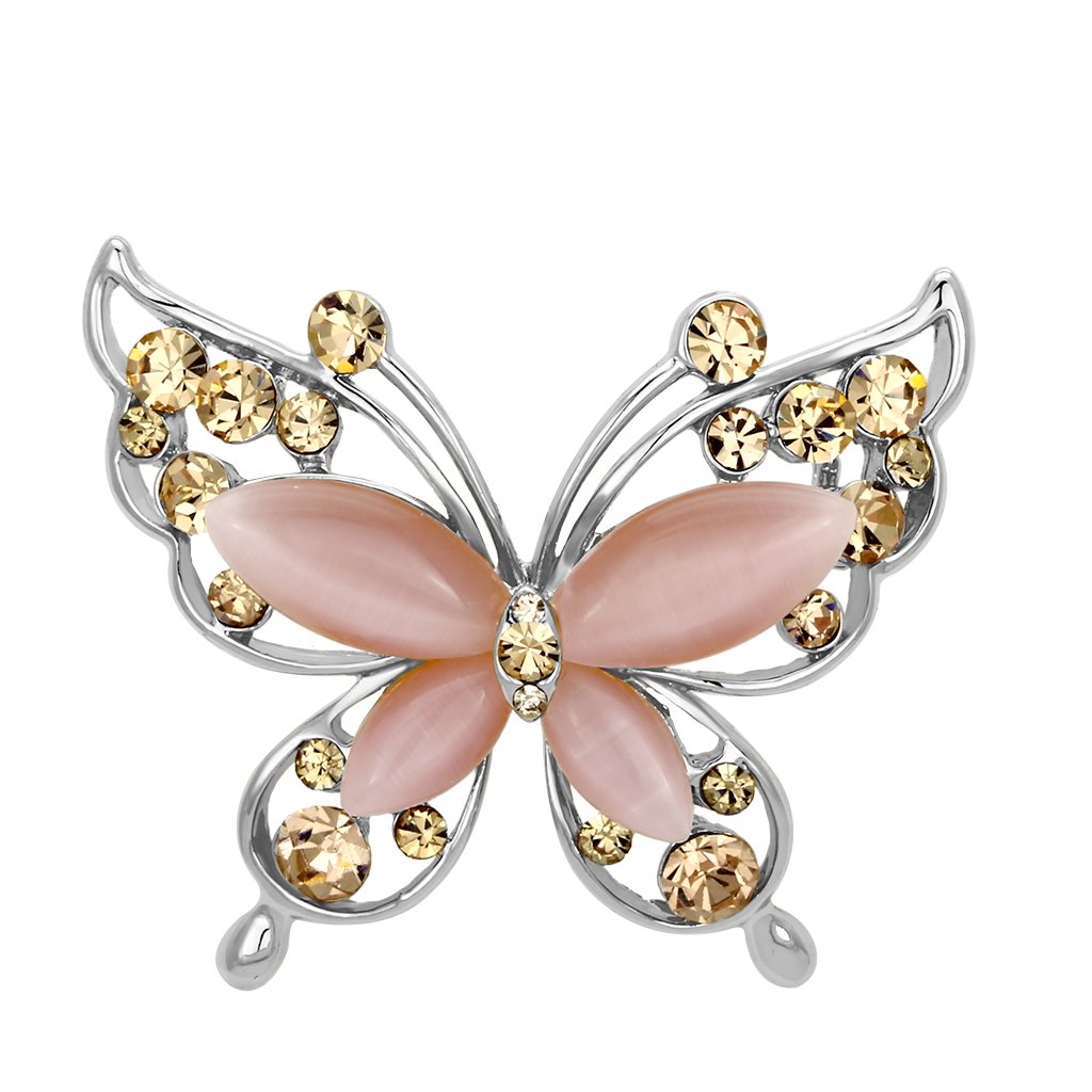 LO2806 Flash Rose Gold White Metal Brooch featuring a light rose synthetic cat eye stone, elegantly designed for versatile styling.