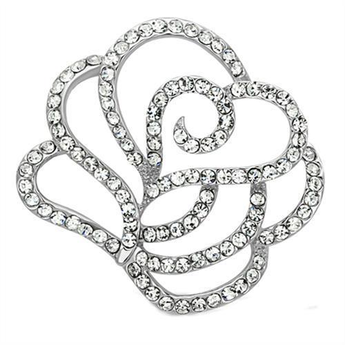 LO2813 Imitation Rhodium White Metal Brooch featuring a clear top-grade crystal centerpiece, elegantly designed for formal occasions.